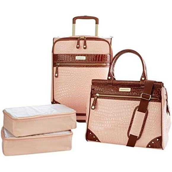 NEW Samantha Brown 4 Piece Roller Suitcase Faux Croc Nude Camel Pink Bag - Picture 1 of 10